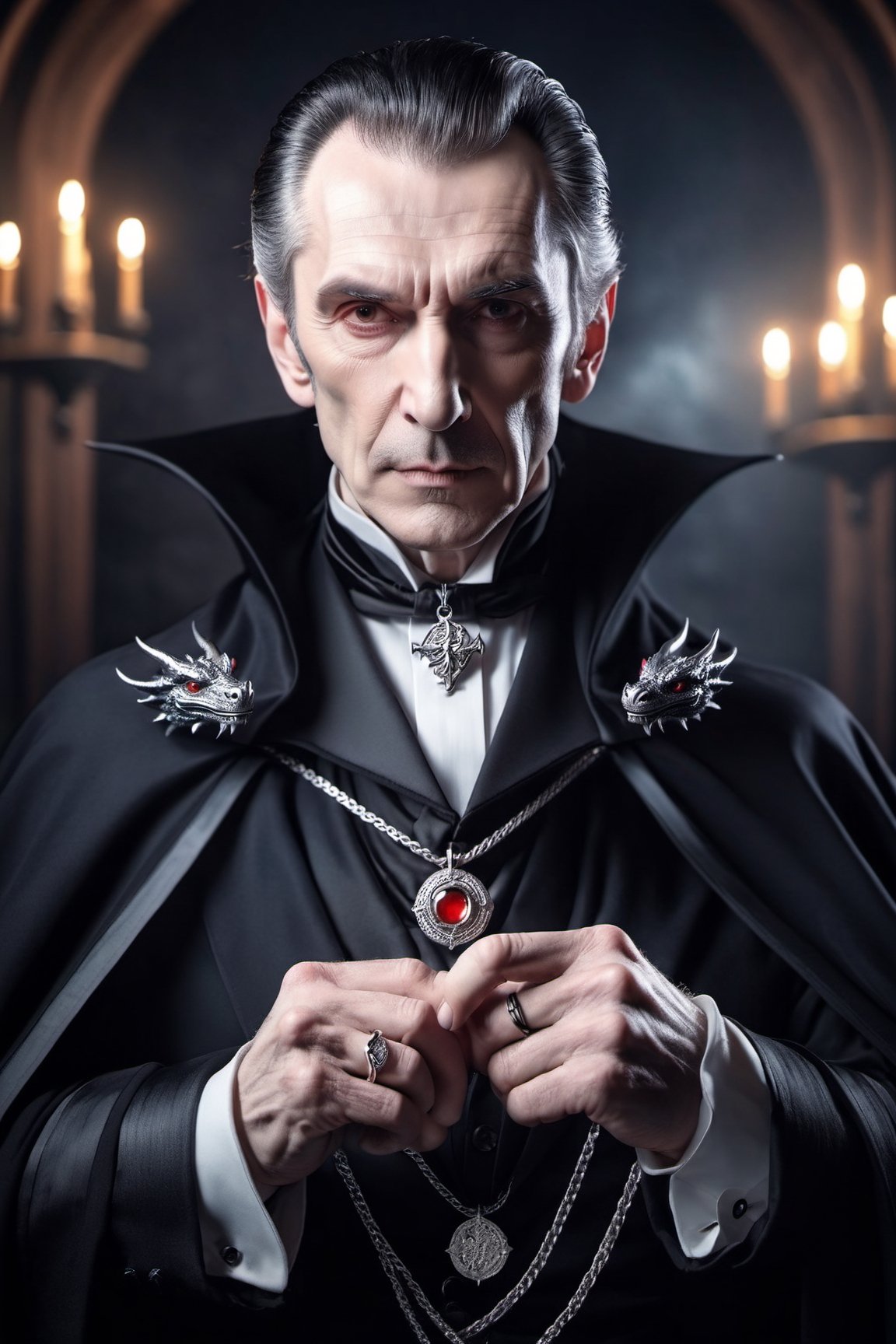 Count Dracula, 60 year old man, intense and sinister look, silver finger rings, wearing black tuxedo and black cape, ribbon with (silver dragon pendant:1.8) around neck, Victorian age background, warm light, by Greg Rutkowski 