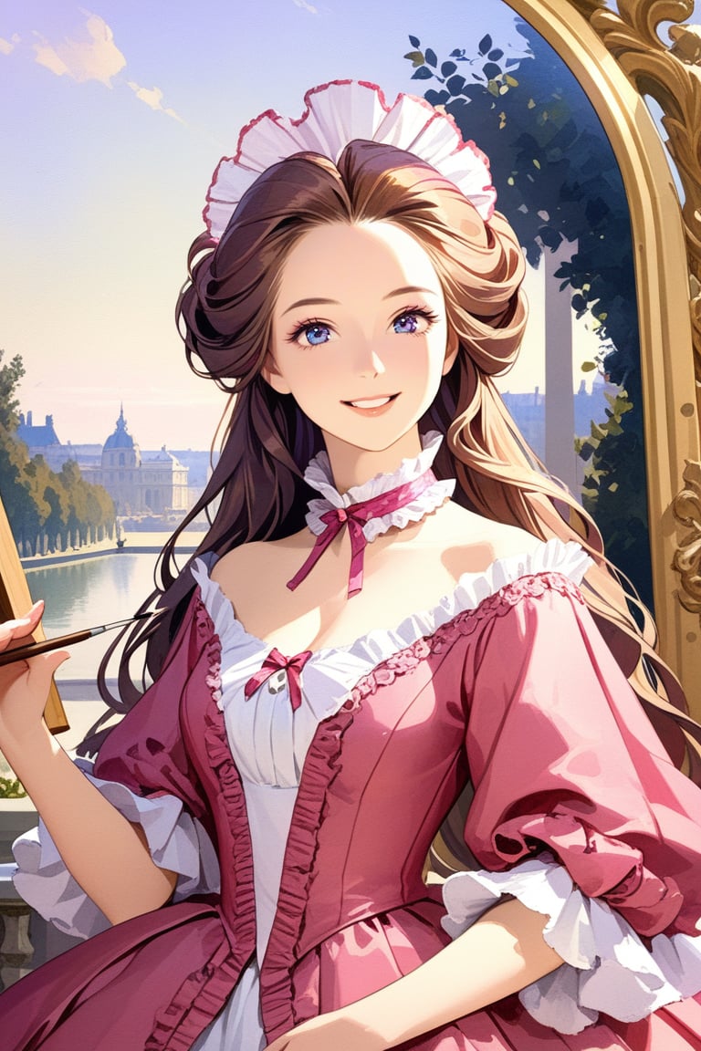 Very beautiful girl wearing a sumptuous pink and violet dress, illustration, detailed, realistic, UHD, beautiful detailed eyes, beautiful detailed, Warmly smile, she is showing a painting of hers, Versailles background. Rococo oil paint