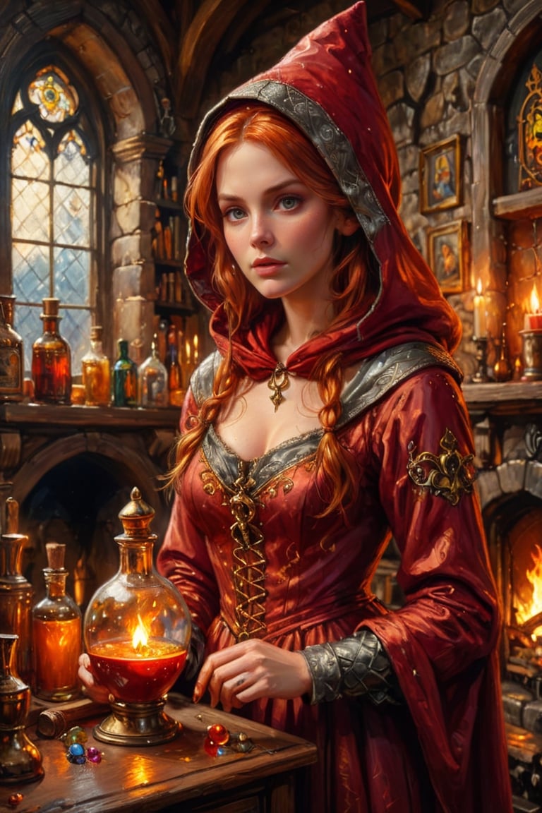 Photorealistic, Award Winning, Ultra Realistic, 8k, of a 20 years old good sweet witch preparing potions in her study. She has red copper hair and wears a medieval high-necked red dress with (hood:1.4) and tippet, richly silver embroidered. Medieval atmosphere. On background we see one yellow and orange stained glasses window lighting an old castle room, (some bright colored potion ampoules) on the shelves and a big (fireplace:1.4). Masterpiece, ultra highly detailed, Dynamic Poses, Alluring, Amazing, Excellent, Detailed Face, Beautiful Symmetric Eyes, Heavenly, Very Refined, dark golden light,digital painting