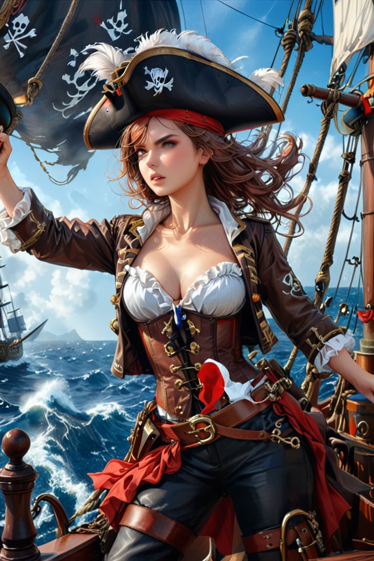 Very beautiful anime girl with a pirate captain jacket, leather corset, trousers and pirate hat, intricately detailed accessories. She is on the deck of her ship and cheers her crew on to fight. Masterpiece, realistic illustration, extremely detailed, intricately sharp details, (ships battle) on background 