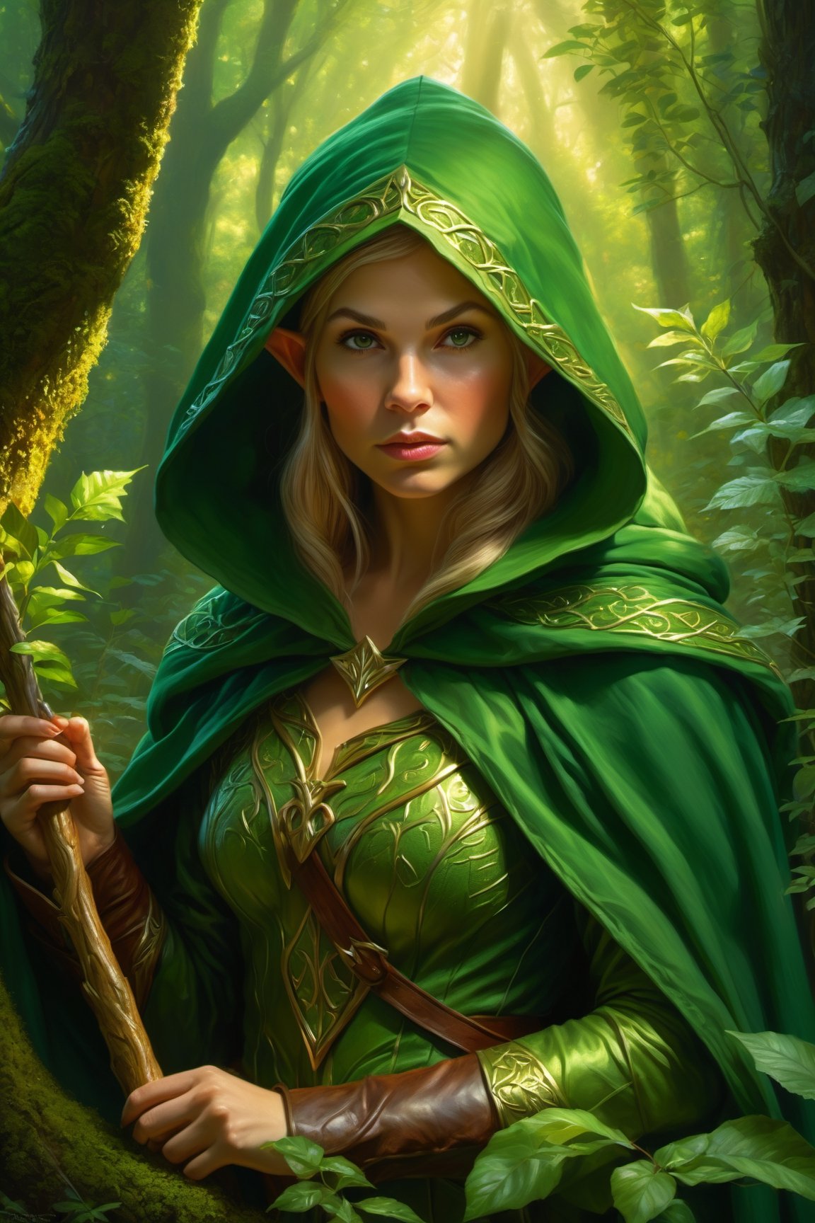 Fantasy elf girl hunting in the forest, she has a furtive attitude huddled behind a bush in a very cinematic pose, she wears a green hood and cloak, perfect cute face, fairy atmosphere, highly detailed, dramatic lighting. Digital painting, masterpiece, maximalist, approacing to perfection, style by Greg Rutkowski