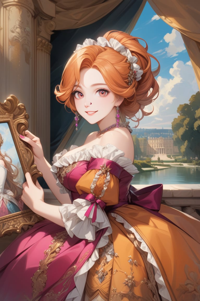 Very beautiful girl wearing a sumptuous fuchsia and pale orange dress, illustration, detailed, beautiful detailed eyes, beautiful detailed, orange hair, warmly smile, she is showing a painting of hers, Versailles background. Rococo oil paint