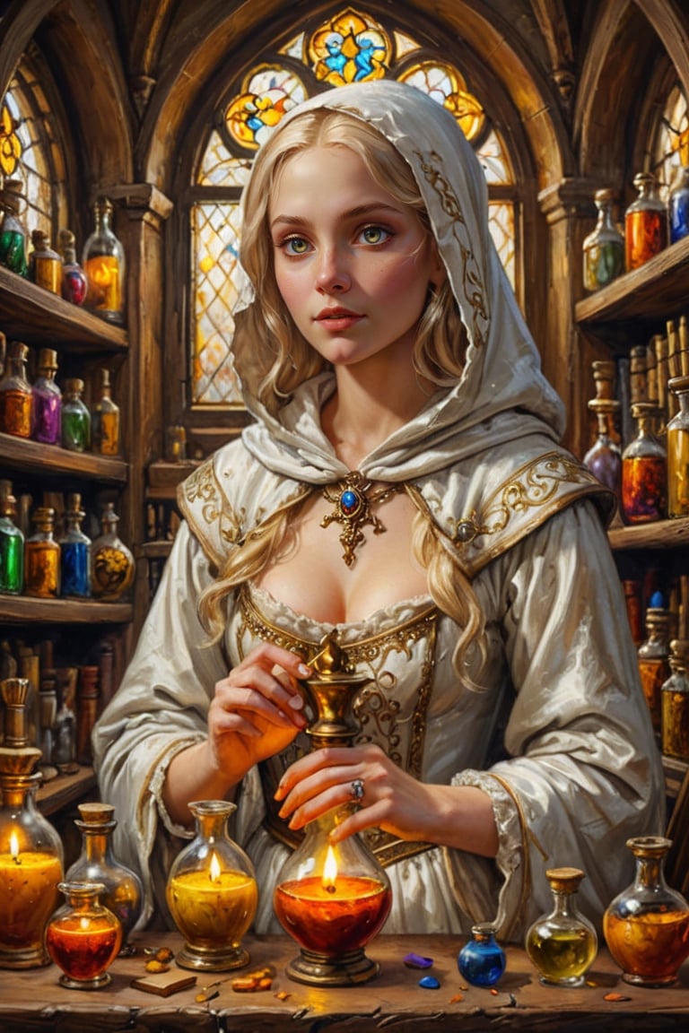 Photorealistic, Award Winning, Ultra Realistic, 8k, of a very light-skinned 25 years old good sweet girl preparing potions in her study. She is diaphanous, has blonde hair and wears a medieval white dress with hood and tippet, richly silver embroidered. Medieval atmosphere. On background we see one yellow and orange stained glasses window lighting an old castle room, many bright colored potion ampoules on the shelves. Masterpiece, maximalist, ultra highly detailed, Dynamic Poses, Alluring, Amazing, Excellent, Detailed Face, Beautiful Symmetric Eyes, Heavenly, Very Refined, dark golden light, digital painting, art_booster