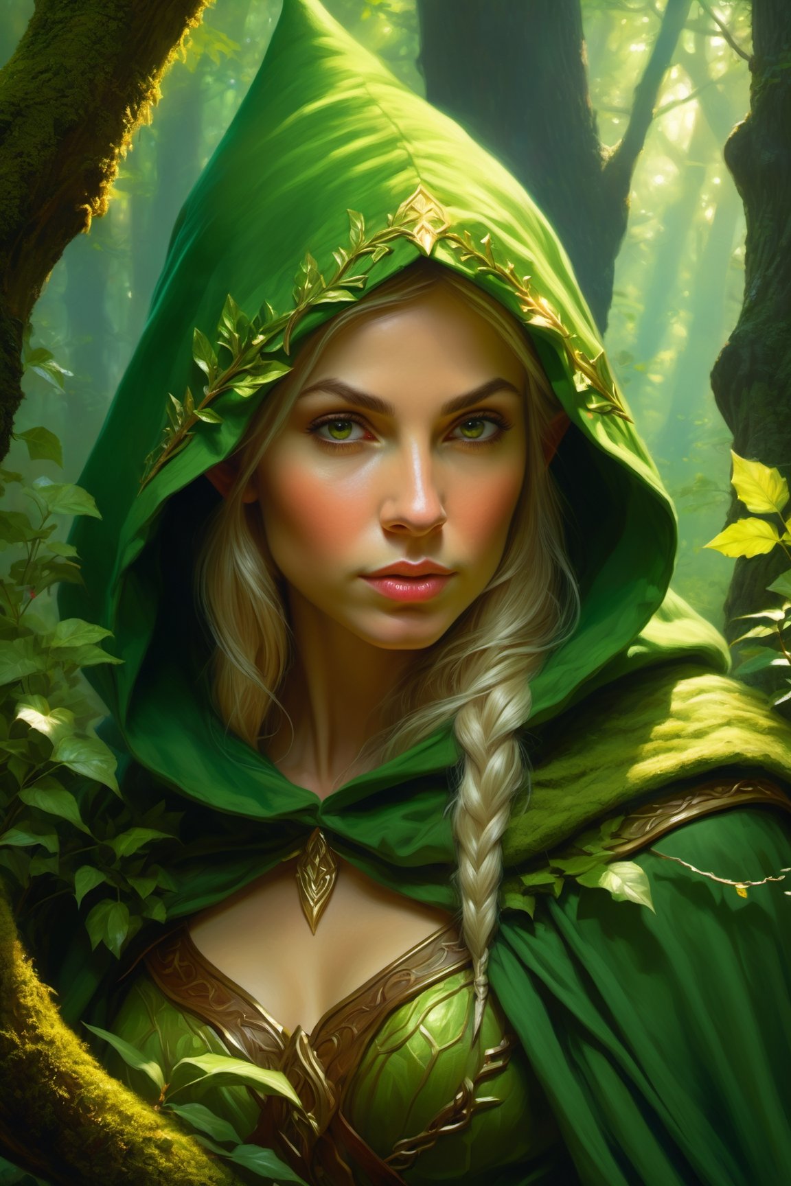 Fantasy elf girl hunting in the forest, she has a furtive attitude huddled behind a bush in a very cinematic pose, she wears a green hood and cloak, perfect cute face, fairy atmosphere, highly detailed, dramatic lighting. Digital painting, masterpiece, maximalist, approacing to perfection, style by Greg Rutkowski