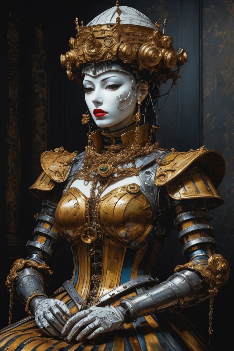 3D artwork, upper body of a caracter represesenting a mighty harlequin female robot with a surreal white mask, (surrealistic big stylized plastic hat in the style of Michael Cheval), mantle, bolts and iron chains. (Majestic pose:1.4), (hieratic expression:1.6), emerging from the darkness in the style of Caravaggio. Red, yellow, (teal:0.7), forming perfect ornamental stripes patterns on a (rusted:0.9) armor. Matte surfaces. Side light, UHD, high resolution, 8k, black gothic cathedral interior background, warm golden light 