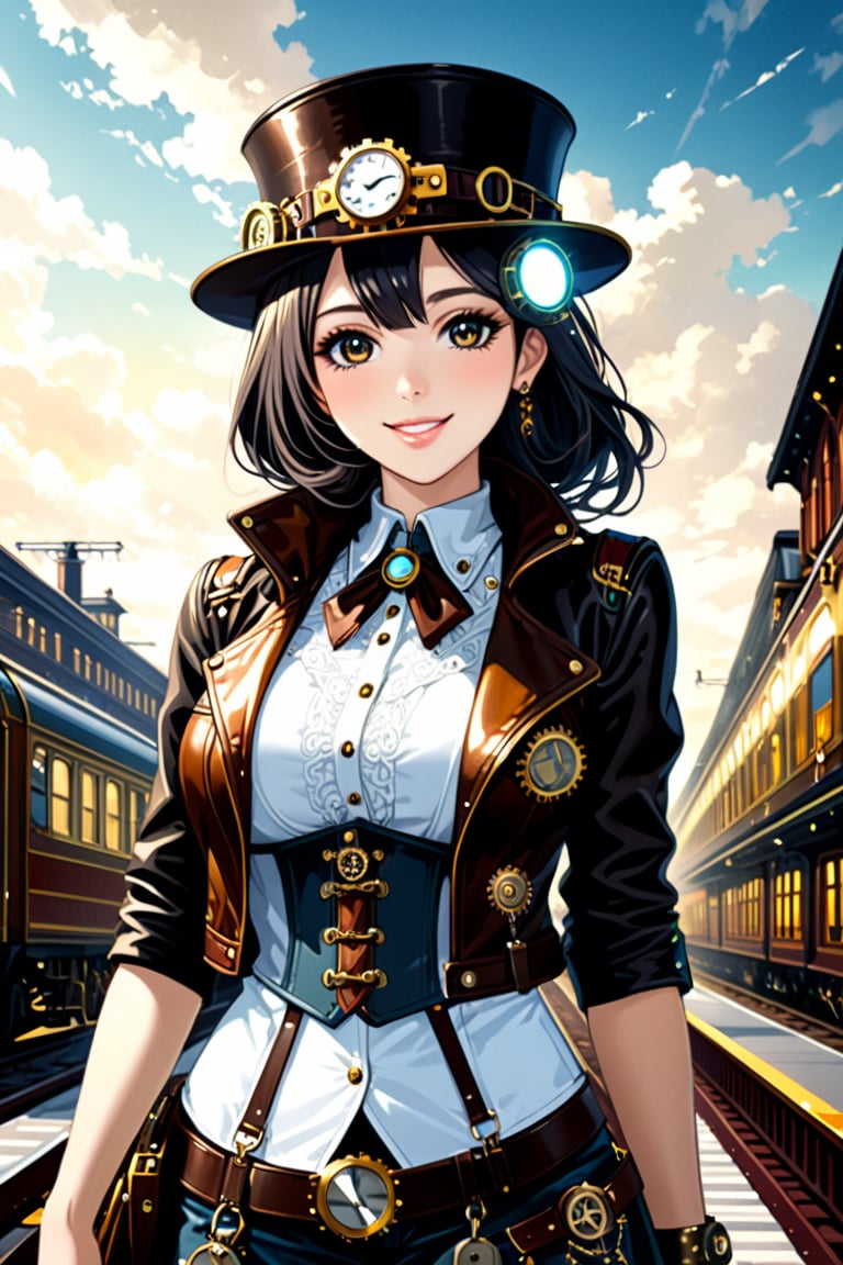 Very beautiful girl, black eyes and hair, with a steampunk leather jacket, waistcoat and hat, intricately detailed brass accessories. Masterpiece, illustration, extremely detailed, warmly smile, bright colors, dark light, railway station on background 