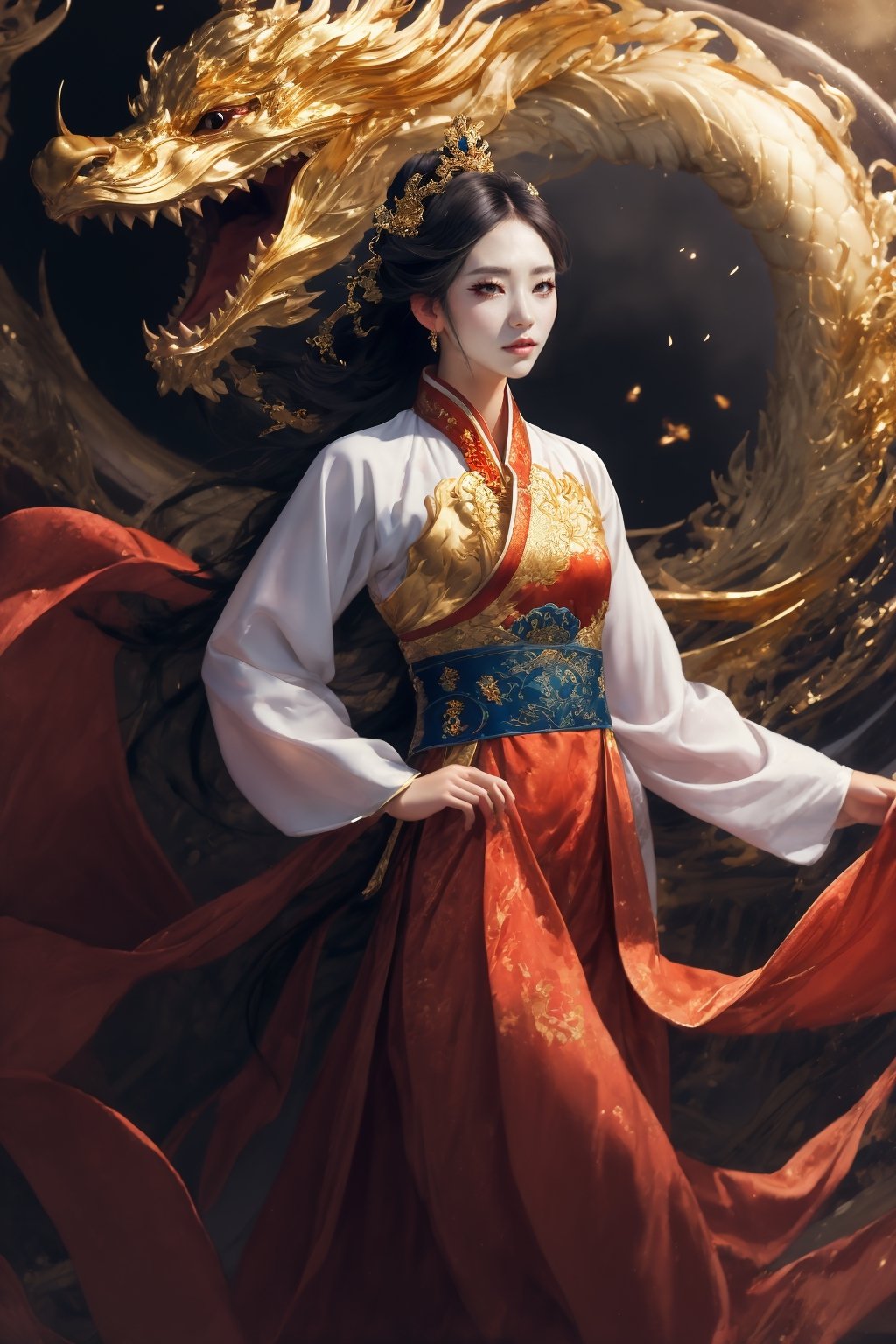 masterpiece, top quality, best quality, official art, beautiful and aesthetic:1.2), chinese empress, chinese goddess, black color long hair, red silk hanfu fashion, approaching to perfection chinese dragon, golden line, ultra-high quality, photorealistic, sky background, dynamic pose, icemagicAI