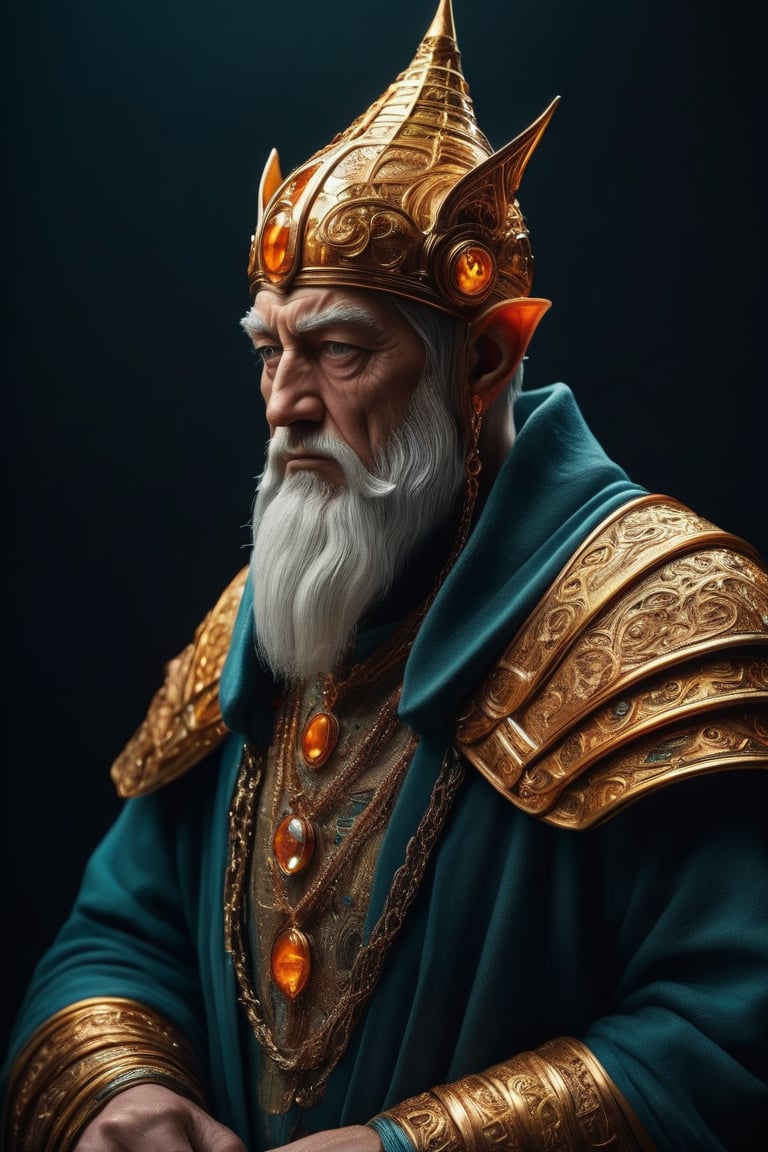 3D artwork, upper body shot of a caracter represesenting a mighty man. High elven hat shaped as a seashell, orange mantle, shining gold jewels and silver chains. (Majestic pose:1.4), (hieratic expression:1.6), emerging from the darkness in the style of Rembrandt. The caracter wears a teal and orange large luxury suit. The character is illuminated from the side by a dark golden light. Vibrant colors. The background is a black gothic cathedral interior dimly lit by moonlight. UHD, high resolution, 8k.