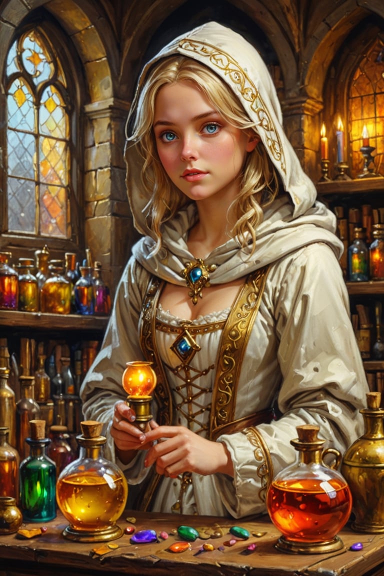 Photorealistic, Award Winning, Ultra Realistic, 8k, of a very light complexion 25 years old good sweet girl preparing potions in her study. She has blonde hair and wears a medieval white dress with hood and tippet, richly silver embroidered. Medieval atmosphere. Golden line, liquid gold. On background we see one yellow and orange stained glasses window lighting an old castle room, (many bright colored potion ampoules:1.4) on the shelves. Masterpiece, ultra highly detailed, Dynamic Poses, Alluring, Amazing, Excellent, Detailed Face, Beautiful Symmetric Eyes, Heavenly, Very Refined, dark golden light,digital painting,crystalz,Decora_SWstyle,art_booster