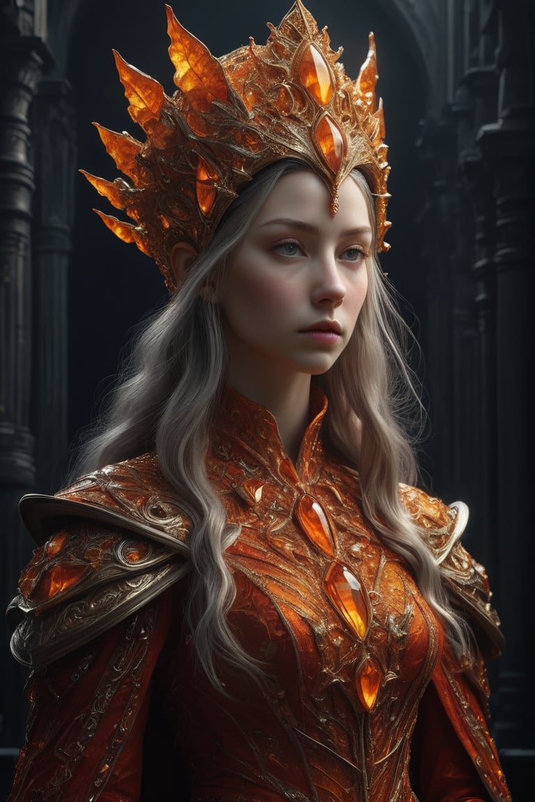 3D artwork, upper body shot represesenting a mighty female young caracter. High elven hat shaped as an orange seashell, mantle, shining gold jewels and silver chains. (Majestic pose:1.4), (hieratic expression:1.6), emerging from the darkness in the style of Rembrandt. The caracter wears a white, red and orange large luxury dress. The character is illuminated from the side by a dark golden light. Marine vibes. Vibrant colors. The background is a black gothic cathedral interior dimly lit by moonlight. UHD, high resolution, 8k.