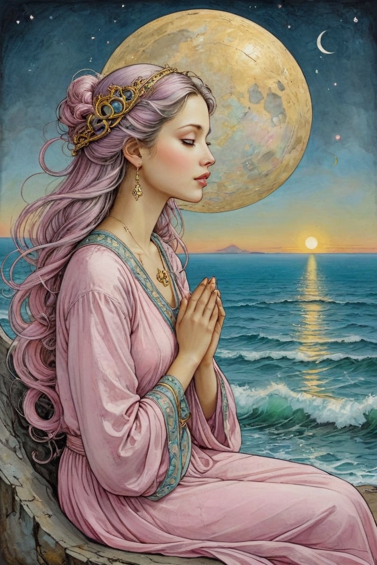 Art Nouveau style, Pale pink and white dressed girl conversing with the face of the crescent moon and meditating over the sea. Golden line, liquid silver, liquid rainbow, art on a cracked paper, ink paint. Whimsical art, pop surrealism, inspired by Gabriel Pacheco and Michael Cheval. Masterpiece, bizarre, hyper detailed, diaphanous, DonM0ccul7Ru57XL, on parchment,art_booster