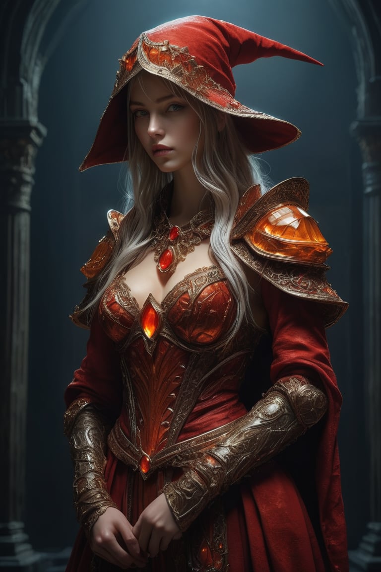 3D artwork, upper body shot represesenting a mighty female young caracter. High elven hat shaped as a red seashell, mantle, shining gold jewels and silver chains. (Majestic pose:1.4), (hieratic expression:1.6), emerging from the darkness in the style of Rembrandt. The caracter wears a white, (red and orange) large luxury dress. The character is illuminated from the side by a dark golden light. Marine vibes. Vibrant colors. The background is a black gothic cathedral interior dimly lit by moonlight. UHD, high resolution, 8k.