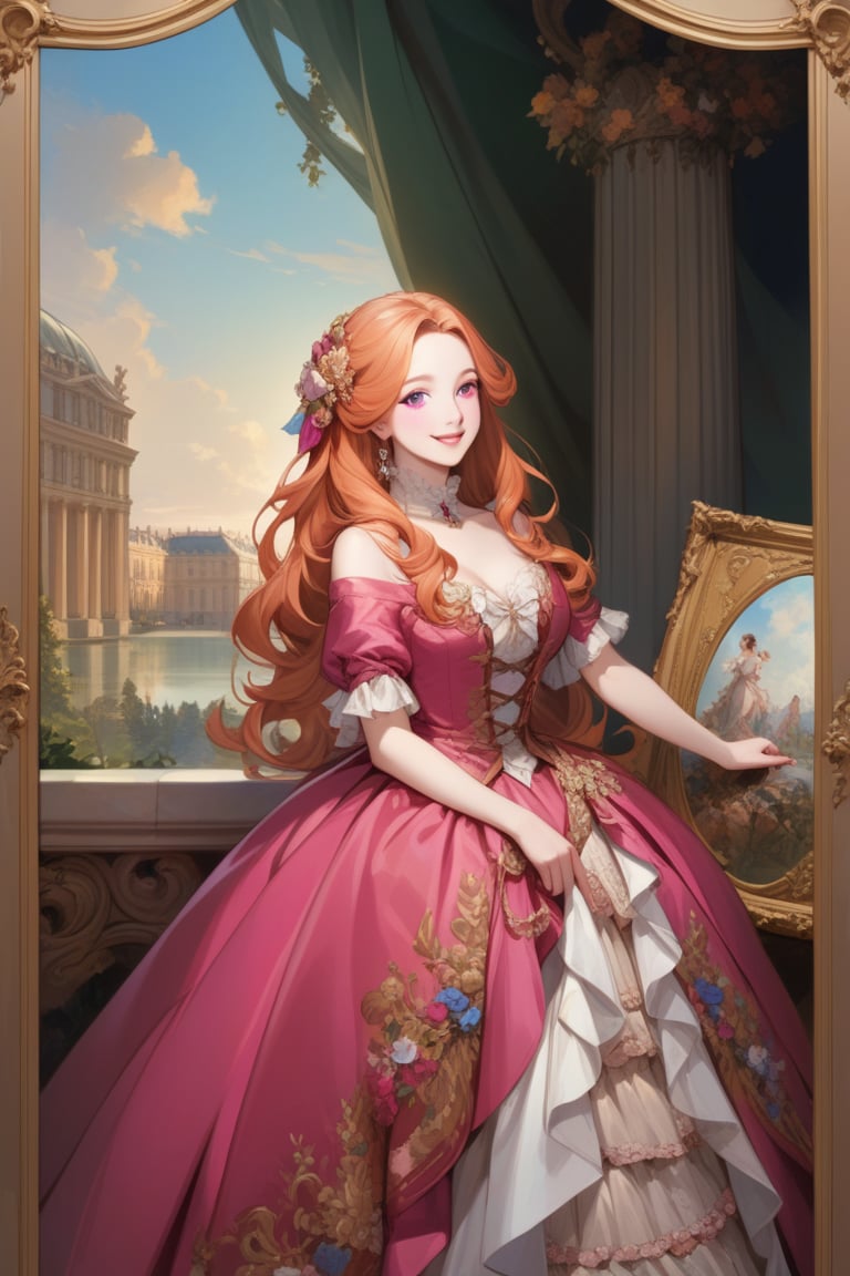 Very beautiful girl wearing a sumptuous fuchsia and pale orange dress, illustration, detailed, beautiful detailed eyes, beautiful detailed, orange hair, warmly smile, she is showing a painting of hers, Versailles background. Rococo oil paint