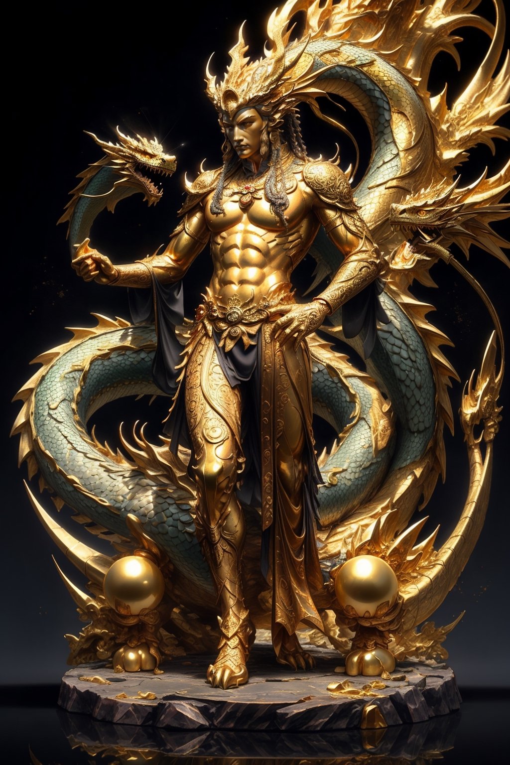 1 chinese full body God with dragon hyperdetailed dark bronze sculpture, perfect face, (masterful:1.3), in the ancient style of the best chinese art, detailed and intricate, golden line, yellow crystals, glass elements, complex background, golden intricately detailed background, black color,bg_imgs,dragon