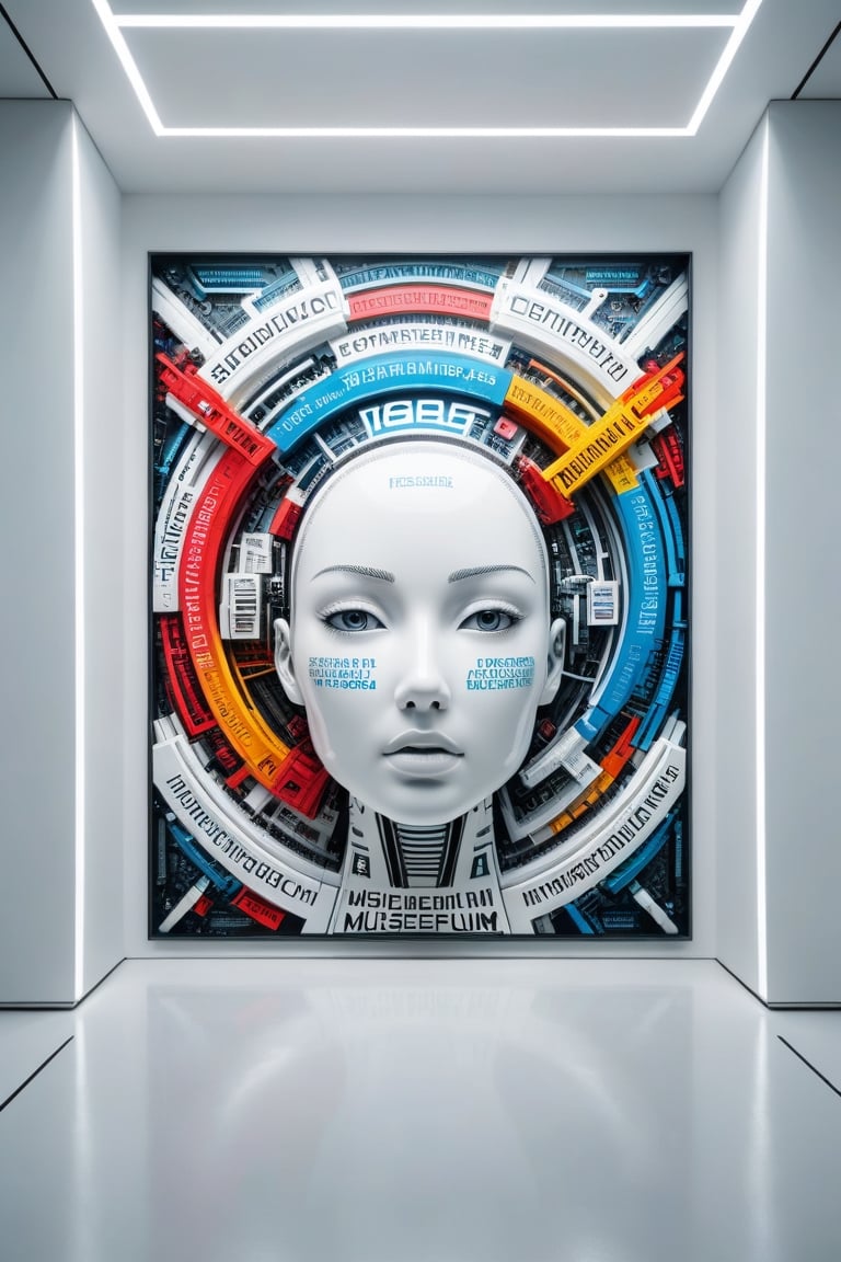 Front view of a futuristic museal artwork with text, displayed on the white wall inside a futuristic museum. Bright colors, surrealist, close shot. ,dvr-txt
