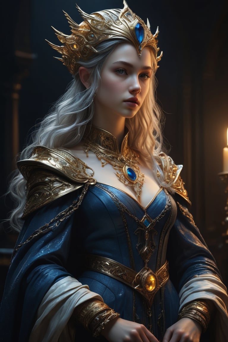 3D artwork, upper body shot represesenting a mighty female young caracter. High elven hat shaped as a white seashell, mantle, shining gold jewels and silver chains. (Majestic pose:1.4), (hieratic expression:1.6), emerging from the darkness in the style of Rembrandt. The caracter wears a blue large luxury dress. The character is illuminated from the side by a dark golden light. Marine vibes. Vibrant colors. The background is a black gothic cathedral interior dimly lit by moonlight. UHD, high resolution, 8k.