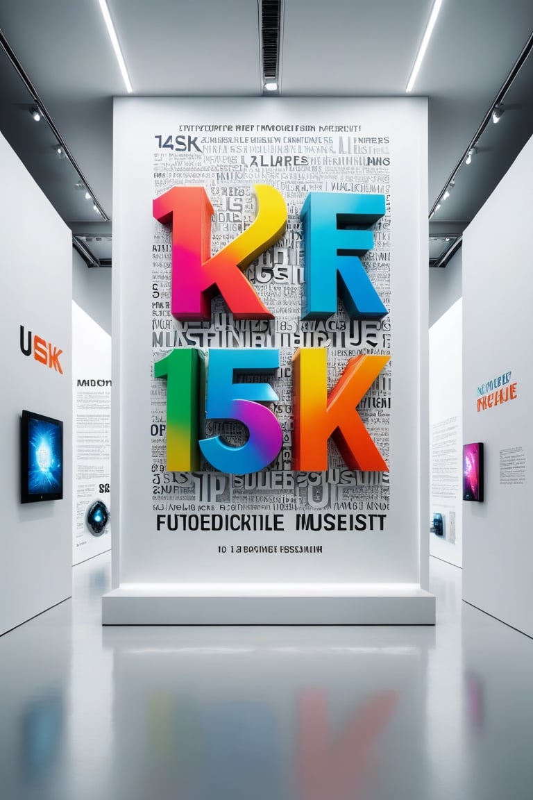 Front view of a futuristic museal artwork with the large text "15K", displayed on the white wall inside a futuristic museum. Bright colors, surrealist, close shot. ,dvr-txt