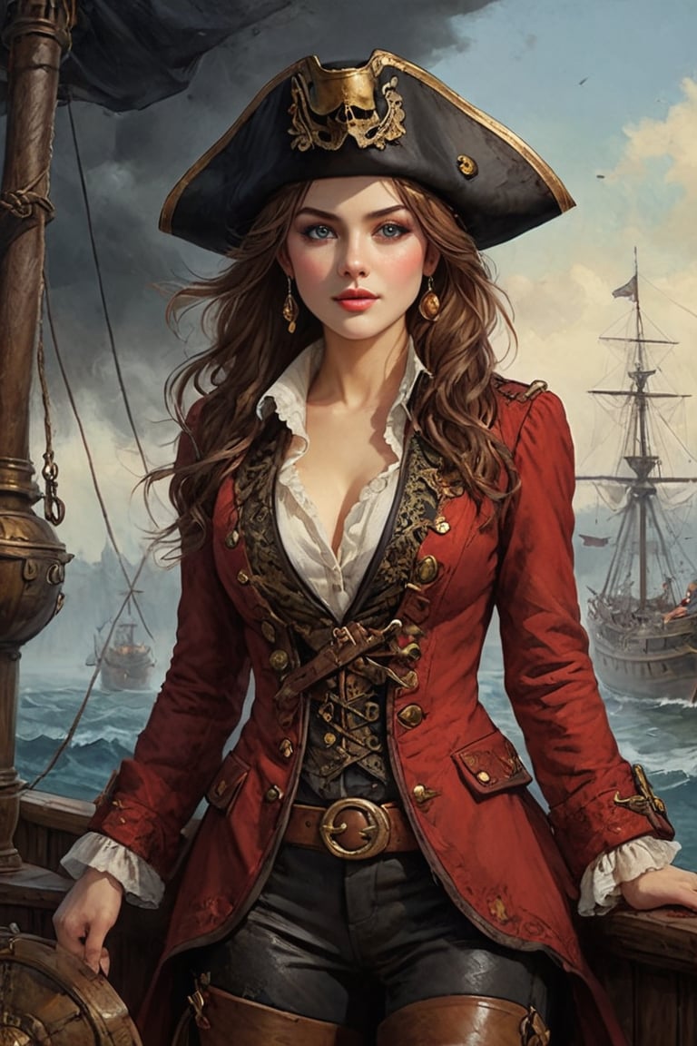 Oil painting of a very beautiful pirate captain  manga girl, perfect detailed eyes, perfect detailed nose, perfect detailed lips. She wears a red and black velvet long jacket with golden buttons, shirt adorned with lace, brown leather trousers, Intricately detailed accessories and pirate hat. She is on the deck of her ship and cheers her crew on to fight during the battle. Dynamic pose. Masterpiece, vibrant colors, eerie detail perfection, absurdres detail, realistic illustration, extremely detailed, intricately sharp details, sharp focus, chaotic (ships battle scenario:1.3), ships on background 