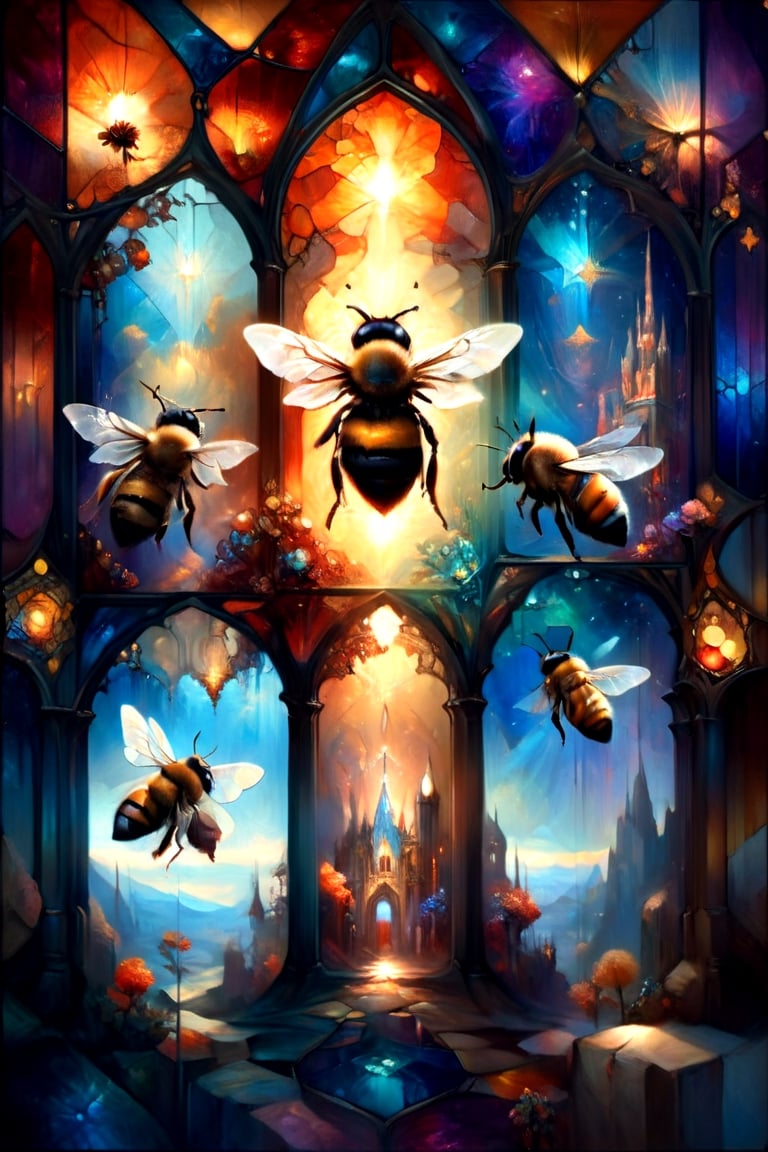 Gothic cathedral wi dow, 3 Bees, magical fantasy art is done in oil paint, liquid rainbow, (liquid honey, orange crystals:1.2), best quality, fairytale, patchwork, (stained glass:1.3), honeybee magic world, golden light, mystic enlightenment, storybook detailed illustration, cinematic, ultra highly detailed, tiny details, beautiful details, mystical, luminism, vibrant colors, complex background, (hexagonal pattern background:1.2), resolution hyperdetailed intricate liminal eerie precisionism, intricate background, art by Alphonse Mucha, Kinuko Y Craft,Flora,crystalz