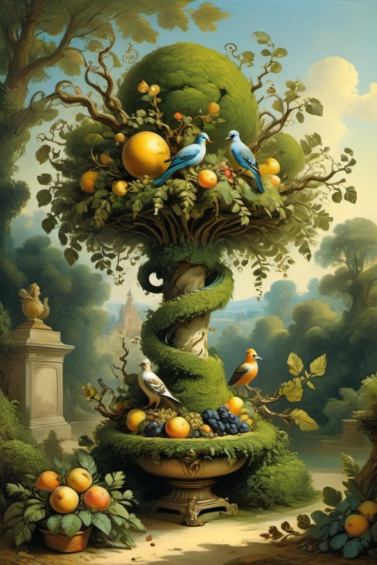 A mystical greenery garden, masterful whimsical topiary sculptures, baroque style vases, small fruits, flowers, esotic birds, (multiple fantastic spirals of branches and leaves:1.9), dreamy atmosphere, golden vibes, romantic landscape. Masterpiece, rococo style, painted by Jean-Honoré Fragonard and Michael Cheval