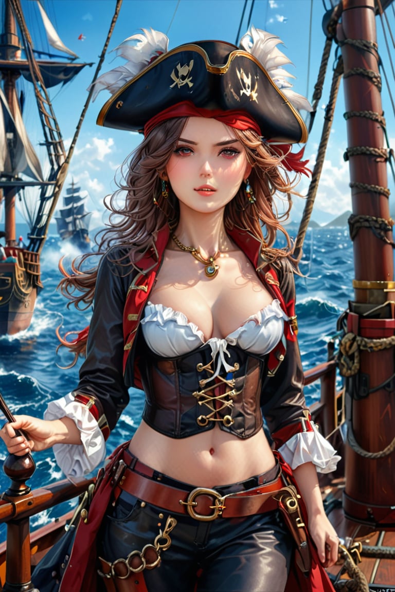 Very beautiful anime girl with a pirate captain jacket, leather corset, trousers and pirate hat, intricately detailed accessories. She is on the deck of her ship and cheers her crew on to fight. Masterpiece, realistic illustration, extremely detailed, intricately sharp details, (ships battle) on background 