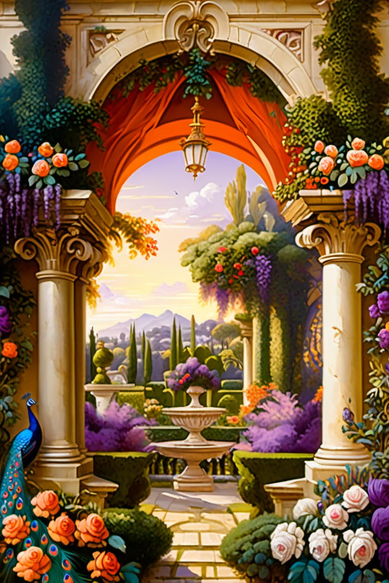 An ultra higly detailed ancient greenery garden with sumptuous masterpieces of topiary art. A masterpiece painted by Claude Lorrain, highly detailed leaves, purple flowers, red and orange roses and a (white peacock:1.4) at the center of the scene. Golden hour, romantic landscape, vivid colour contrasts,  Architectural100, on parchment