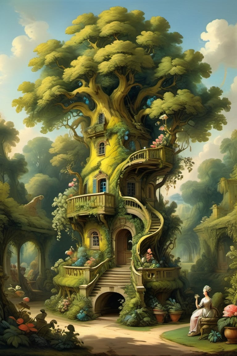 A mystical greenery garden with a treehouse in the center, masterful whimsical topiary sculptures, baroque style vases, flowers, esotic birds, (multiple fantastic spirals of branches and leaves:1.9), dreamy atmosphere, golden vibes, romantic landscape. Masterpiece, rococo style, painted by Francois Boucher and Jean-Honoré Fragonard