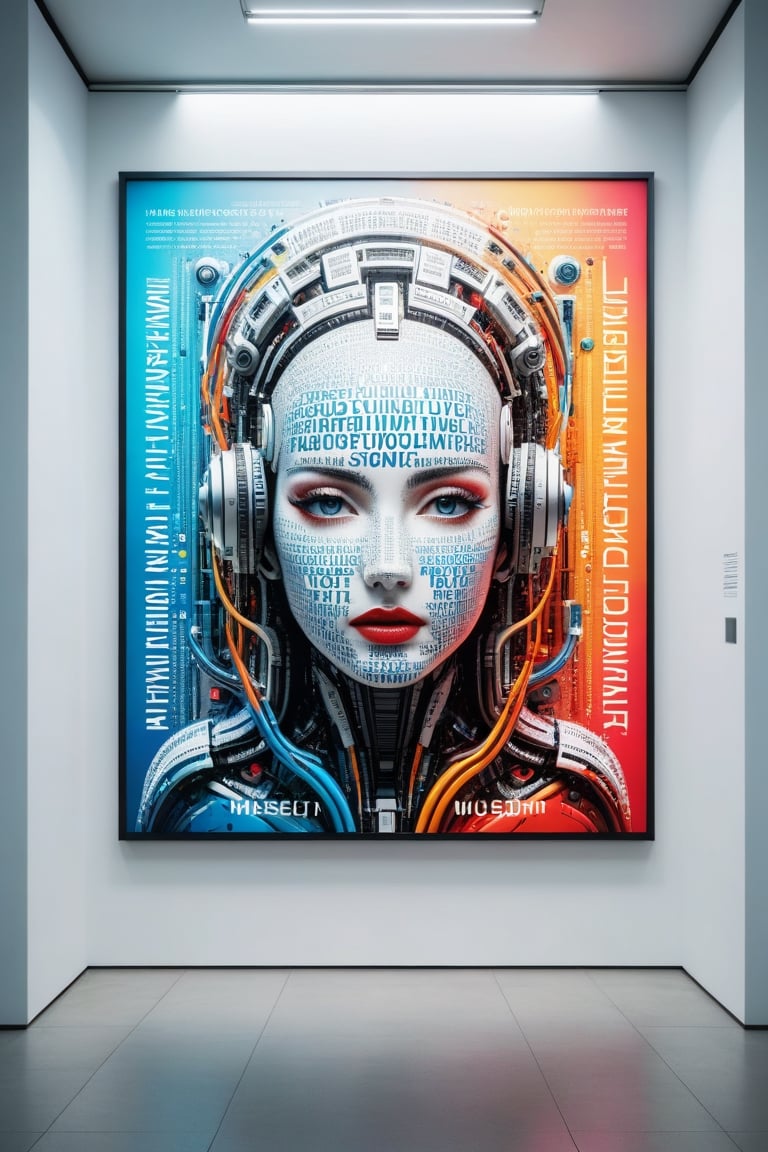 Front view of a futuristic colorful museal artwork with text, displayed on the white wall inside a futuristic museum. Bright colors, surrealist, close shot. ,dvr-txt