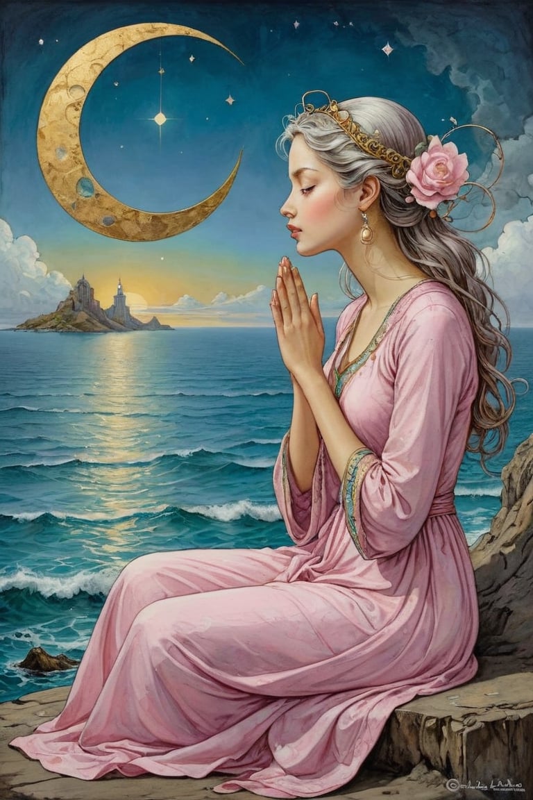 Art Nouveau style, Pale pink and white dressed girl conversing with the face of the crescent moon and meditating over the sea. Golden line, liquid silver, liquid rainbow, art on a cracked paper, ink paint. Whimsical art, pop surrealism, inspired by Gabriel Pacheco and Michael Cheval. Masterpiece, bizarre, hyper detailed, diaphanous, DonM0ccul7Ru57XL, on parchment,art_booster