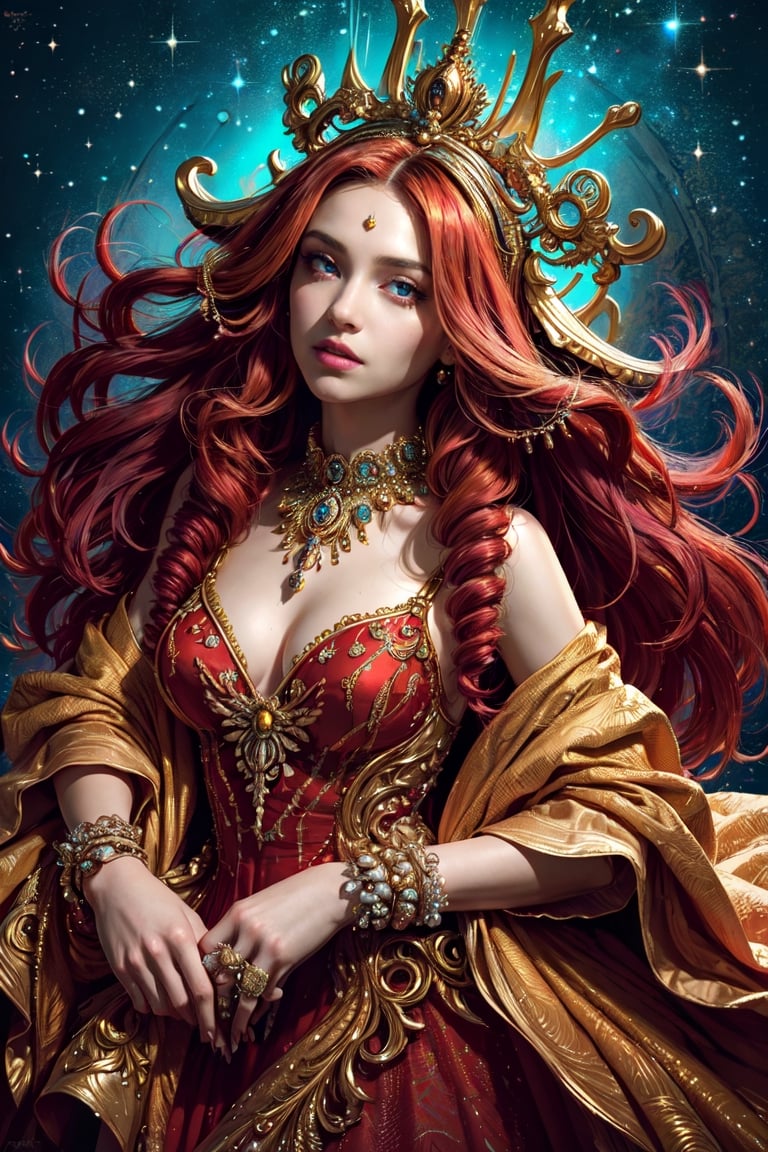 ultra high resolution, surreal, official art, divine nature, elegant and royal, red dress, orange, yellow, girl, complex detailed, medium shot, Holiness, Chaos, charming, majestic, beautiful Psychedelia, Madness, Highly detailed, intricate, midjourney, xyzabcplanets, scenery, Color magic,Realism