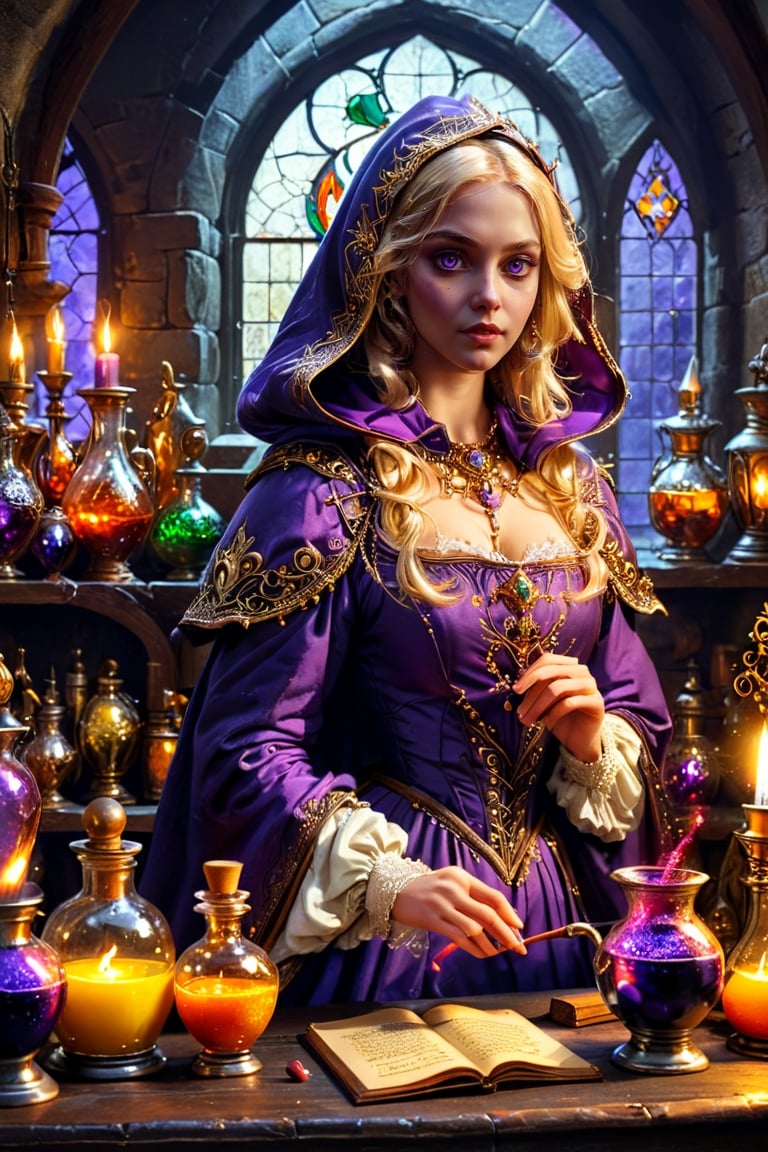 Photorealistic, Award Winning, Ultra Realistic, 8k, of a 25 years old good sweet girl preparing potions in her study. She has blonde hair and wears a medieval purple dress with hood and tippet, richly silver embroidered. Medieval atmosphere. On background we see one yellow and orange stained glasses window lighting an old castle room, (many bright colored potion ampoules:1.4) on the shelves. Masterpiece, ultra highly detailed, Dynamic Poses, Alluring, Amazing, Excellent, Detailed Face, Beautiful Symmetric Eyes, Heavenly, Very Refined, dark golden light,digital painting,crystalz,Decora_SWstyle