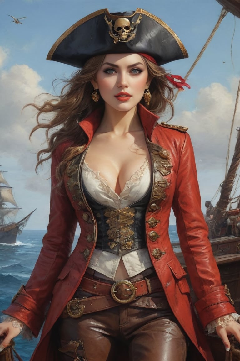 Oil painting full body of a very beautiful pirate captain manga girl, perfect detailed eyes, perfect detailed nose, perfect detailed lips. She wears a red leather long jacket with golden buttons, shirt adorned with lace, brown leather trousers, Intricately detailed accessories and pirate hat. She is on the deck of her ship and cheers her crew on to fight during the battle. Dynamic pose. Masterpiece, vibrant colors, eerie detail perfection, absurdres detail, realistic illustration, extremely detailed, intricately sharp details, sharp focus, chaotic (ships battle scenario:1.3), ships on background 