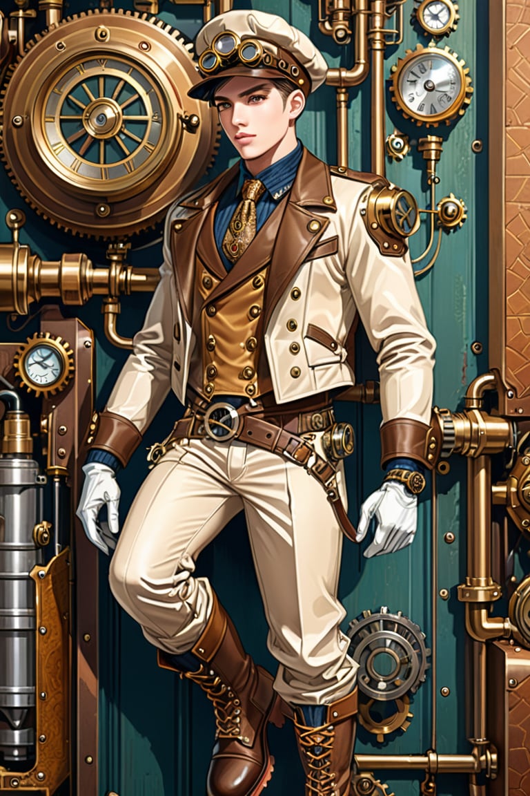 Industrial steampunk mechanic boy, perfectly detailed face, hat, steampunk beige leather double-breasted jacket, beige tweed fabric puffed trousers, leather laced boots, intricately detailed brass accessories. Masterpiece, illustration, extremely detailed, industrial background