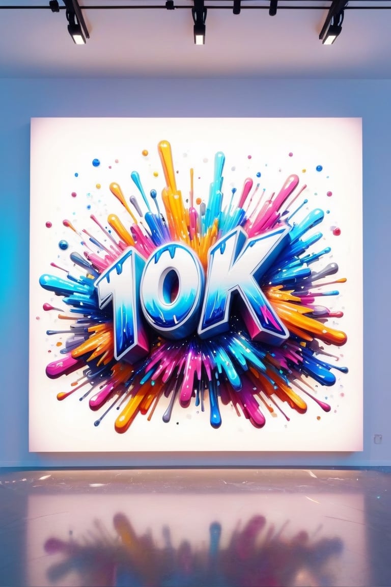 Front view of a 3D style graffiti museal artwork with the text "10K", displayed on the white wall of a futuristic museum. Bright colors, dripping colors, color fireworks, close shot. Text,crystalz