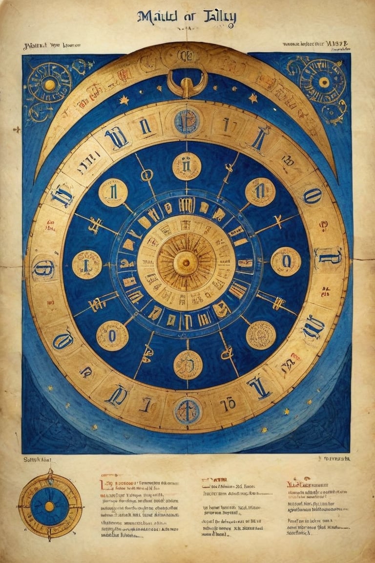 (Full-page illustration with a blue background of an ancient illuminated codex:1.3), concentric arrangement, ink drawing with golden leaf and liquid gold insertions on parchment, art on a cracked paper of a wonderful (medieval castle in Italy:1.4),  14th century,  (golden ratio:1.3),  (medieval architecture:1.3), (mullioned windows:1.3), (brick wall:1.1),  (towers with merlons:1.2),  (set on top of a hill overlooking a valley:1.2),  beautiful blue sky (aerial view:1.2), (round zodiac calendar:1.2), vignette,  highest quality. Masterpiece of a museum of art, in the style of Limbourg brothers,  award winning,  detailed and intricate,  masterpiece,  itacstl, real_booster, itacstl, on parchment, art_booster,