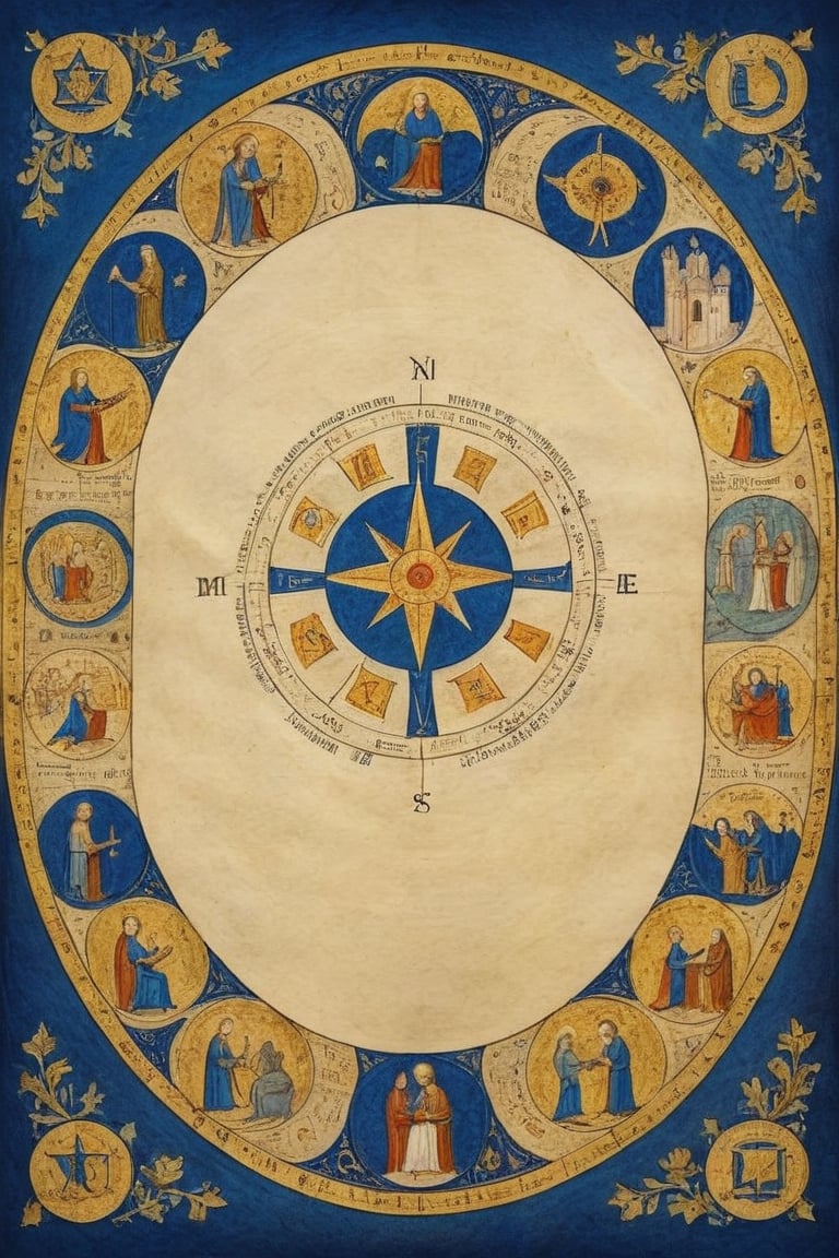 Round parchment page, (Full-page illustration with a blue background of an ancient illuminated codex:1.3), ink drawing with golden leaf and liquid gold insertions on parchment, art on a cracked paper of a wonderful (medieval castle in Italy:1.6),  14th century,  (golden ratio:1.3),  (medieval architecture:1.3), (mullioned windows:1.3),  (towers with merlons:1.2),  (set on top of a hill overlooking a valley:1.2),  beautiful blue sky, (round zodiac:1.2), vignette,  highest quality. Masterpiece of a museum of art, in the style of Limbourg brothers,  award winning,  detailed and intricate,  masterpiece,  itacstl, real_booster, itacstl, on parchment, art_booster,