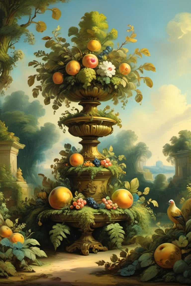 A mystical greenery garden, masterful whimsical topiary sculptures, baroque style vases, fruits, flowers, esotic birds, multiple fantastic spirals of branches and leaves, dreamy atmosphere, golden vibes, romantic landscape. Masterpiece, rococo style, painted by Jean-Honoré Fragonard