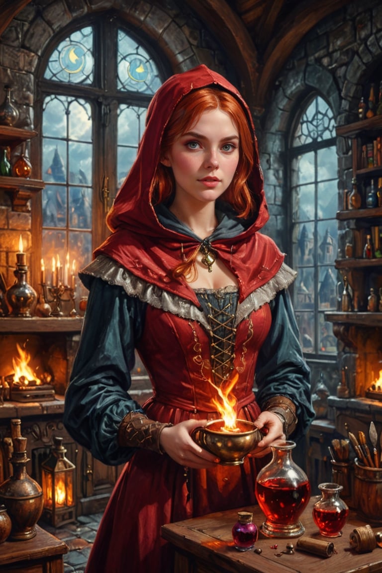 Photorealistic, Award Winning, Ultra Realistic, 8k, of a 20 years old good sweet witch preparing potions in her study. She has red copper hair and wears a medieval high-necked red dress with (hood:1.4) and tippet, richly silver embroidered. Medieval atmosphere. On background we see one stained glasses window moon lighting an old castle room, (some bright colored potion ampoules) on the shelves and a big (fireplace:1.6) lighting the room with a vivid flame. Masterpiece, ultra highly detailed, Dynamic Poses, Alluring, Amazing, Excellent, Detailed Face, Beautiful Symmetric Eyes, Heavenly, Very Refined, digital painting, art_booster