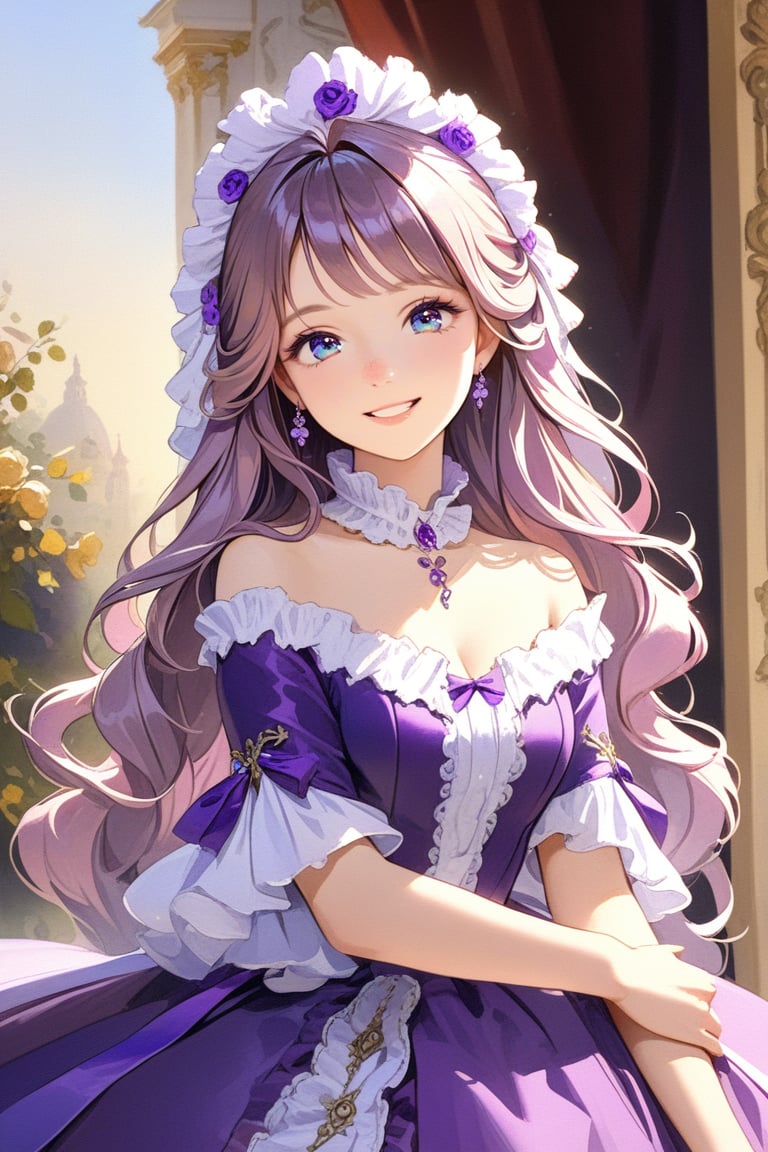 Very beautiful girl wearing a sumptuous  violet dress, illustration, detailed, realistic, UHD, beautiful detailed eyes, beautiful detailed, Warmly smile. Rococo oil paint