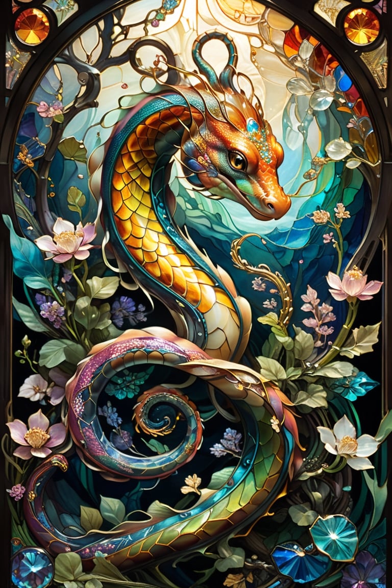 Chinese Lung snake, magical fantasy art is done in oil paint and liquid chrome, liquid rainbow, golden line, best quality,  fairytale, patchwork, (stained glass:1.2), storybook detailed illustration, cinematic, ultra highly detailed, tiny details, beautiful details, mystical, luminism, vibrant colors, complex background, resolution hyperdetailed intricate liminal eerie precisionism, intricate background, (dark luminescent:1.2) art by Alphonse Mucha,  Alan Lee, crystalz,shards,glass,crystalz