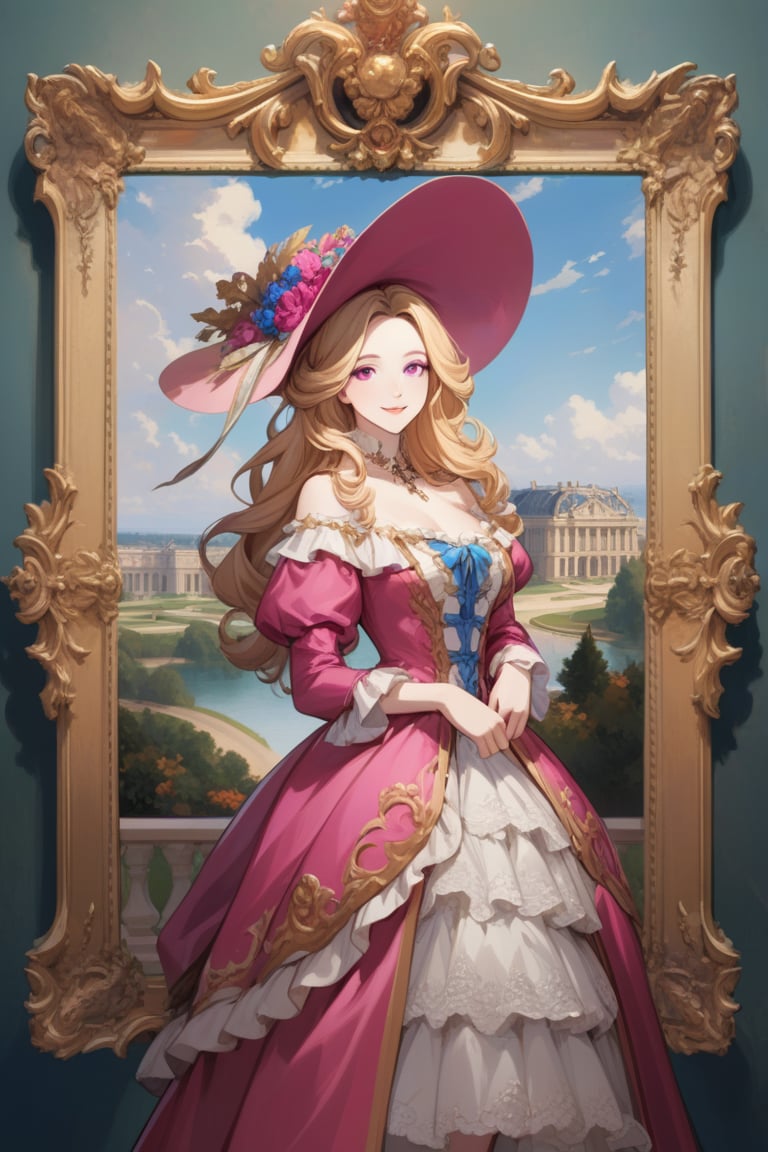 Very beautiful girl wearing a sumptuous fuchsia and pale orange dress, wide brimmed hat, illustration, detailed, beautiful detailed eyes, beautiful detailed face, blonde hair, warmly smile, she is showing a painting of hers, Versailles background. Rococo oil paint