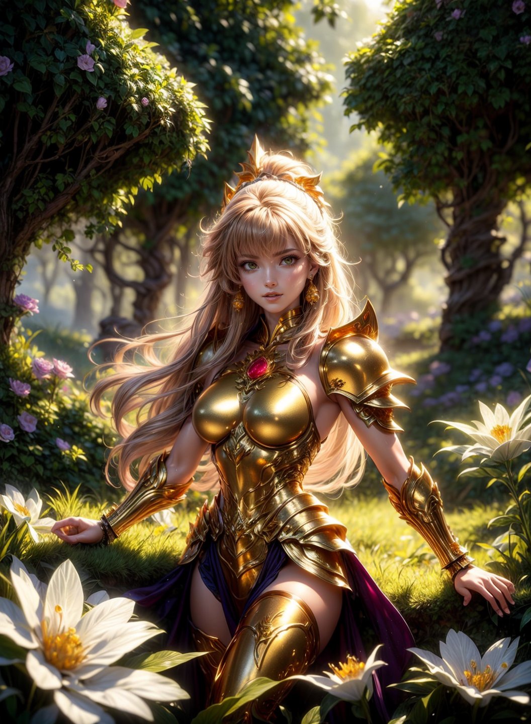 A saint seiya armored girl by Luis Royo, intricately ornated golden armor with precious ruby gems, (small breast), shiny gold, richly jeweled, greenery forest background, spring flowers