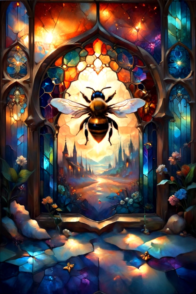 Gothic cathedral window, 3 Bees, magical fantasy art is done in oil paint, liquid rainbow, (liquid honey, orange crystals:1.2), best quality, fairytale, patchwork, (stained glass:1.3), honeybee magic world, golden light, mystic enlightenment, storybook detailed illustration, cinematic, ultra highly detailed, tiny details, beautiful details, mystical, luminism, vibrant colors, complex background, (hexagonal pattern background:1.2), resolution hyperdetailed intricate liminal eerie precisionism, intricate background, art by Alphonse Mucha, Kinuko Y Craft,Flora,crystalz