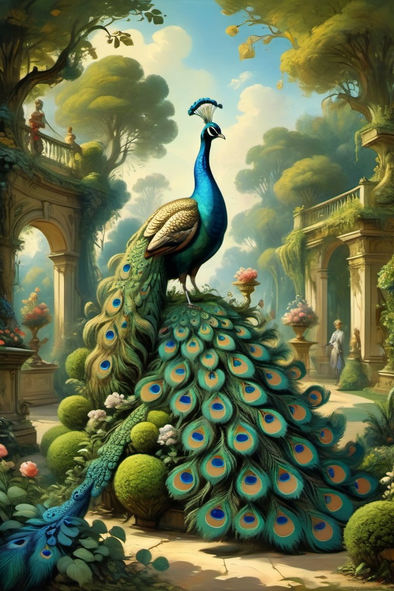 A mystical greenery garden, masterful whimsical topiary sculptures, flowers, a majestic awesome peacock at the center of the scene. Multiple fantastic spirals of branches and leaves on background. Dreamy atmosphere, golden vibes, romantic landscape. Masterpiece, rococo style, painted by Jean-Honoré Fragonard and Michael Cheval
