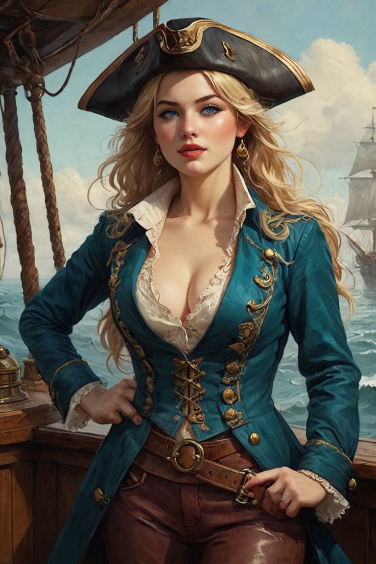 Oil painting of a very beautiful pirate captain  manga blonde girl, perfect detailed eyes, perfect detailed nose, perfect detailed lips. She wears a teal velvet long jacket with golden buttons, shirt adorned with lace, blue leather trousers, Intricately detailed accessories and pirate hat. She is on the deck of her ship and cheers her crew on to fight during the battle. Dynamic pose. Masterpiece, vibrant colors, warm light, eerie detail perfection, absurdres detail, realistic illustration, extremely detailed, intricately sharp details, sharp focus, chaotic (ships battle scenario:1.3), ships on background 