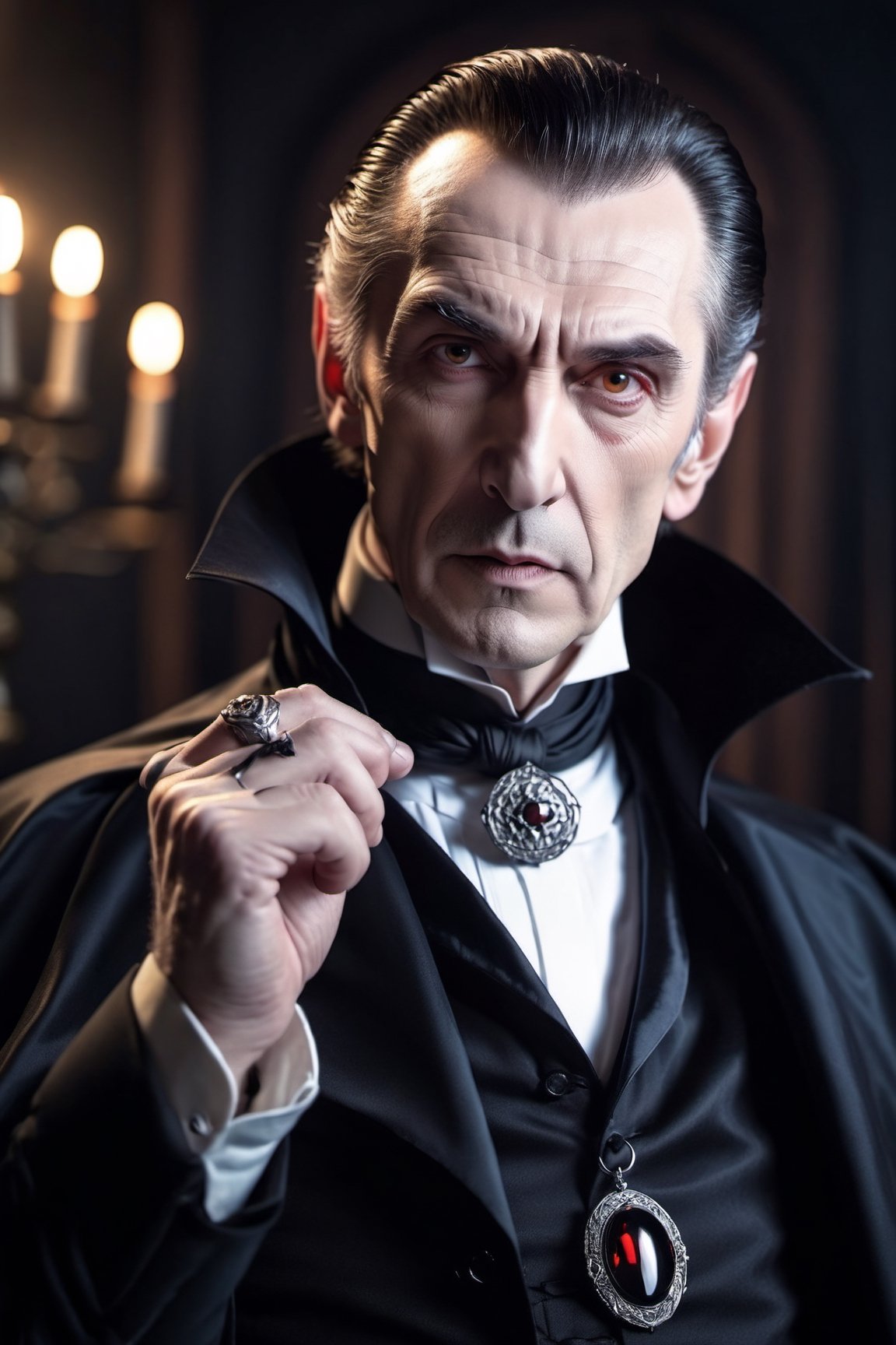 (((Count Dracula))), 60 year old man, intense and sinister look, silver finger rings, wearing black tuxedo and black cape, ribbon with (silver dragon pendant:0.8) around neck, Victorian age background, warm light, by Greg Rutkowski 