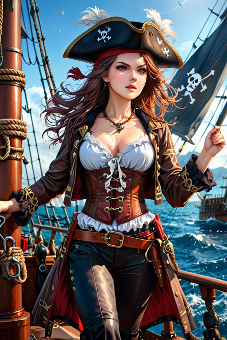 Very beautiful anime girl with a pirate captain jacket, leather corset, shirt adorned with lace, trousers and pirate hat, intricately detailed accessories. She is on the deck of her ship and cheers her crew on to fight. Masterpiece, realistic illustration, extremely detailed, intricately sharp details, (ships battle) on background 