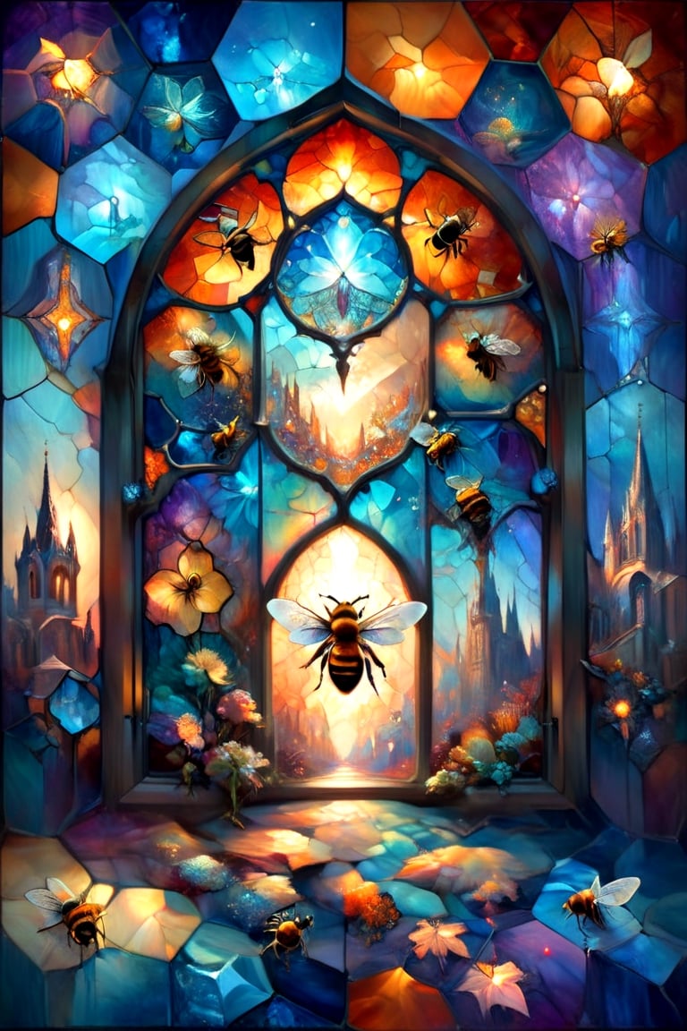 Gothic cathedral window, 3 Bees, magical fantasy art is done in oil paint, liquid rainbow, (liquid honey, orange crystals:1.2), best quality, fairytale, patchwork, (stained glass:1.3), honeybee magic world, golden light, mystic enlightenment, storybook detailed illustration, cinematic, ultra highly detailed, tiny details, beautiful details, mystical, luminism, vibrant colors, complex background, (hexagonal pattern background:1.2), resolution hyperdetailed intricate liminal eerie precisionism, intricate background, art by Alphonse Mucha, Kinuko Y Craft,Flora,crystalz