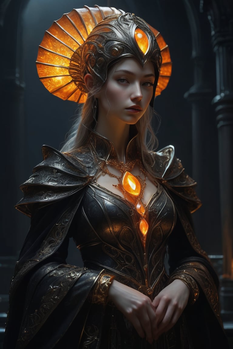 3D artwork, upper body shot represesenting a mighty female young caracter. High elven hat shaped as an orange seashell, mantle, shining gold jewels and silver chains. (Majestic pose:1.4), (hieratic expression:1.6), emerging from the darkness in the style of Rembrandt. The caracter wears a black and yellow large luxury dress. The character is illuminated from the side by a dark golden light. Marine vibes. Vibrant colors. The background is a black gothic cathedral interior dimly lit by moonlight. UHD, high resolution, 8k.