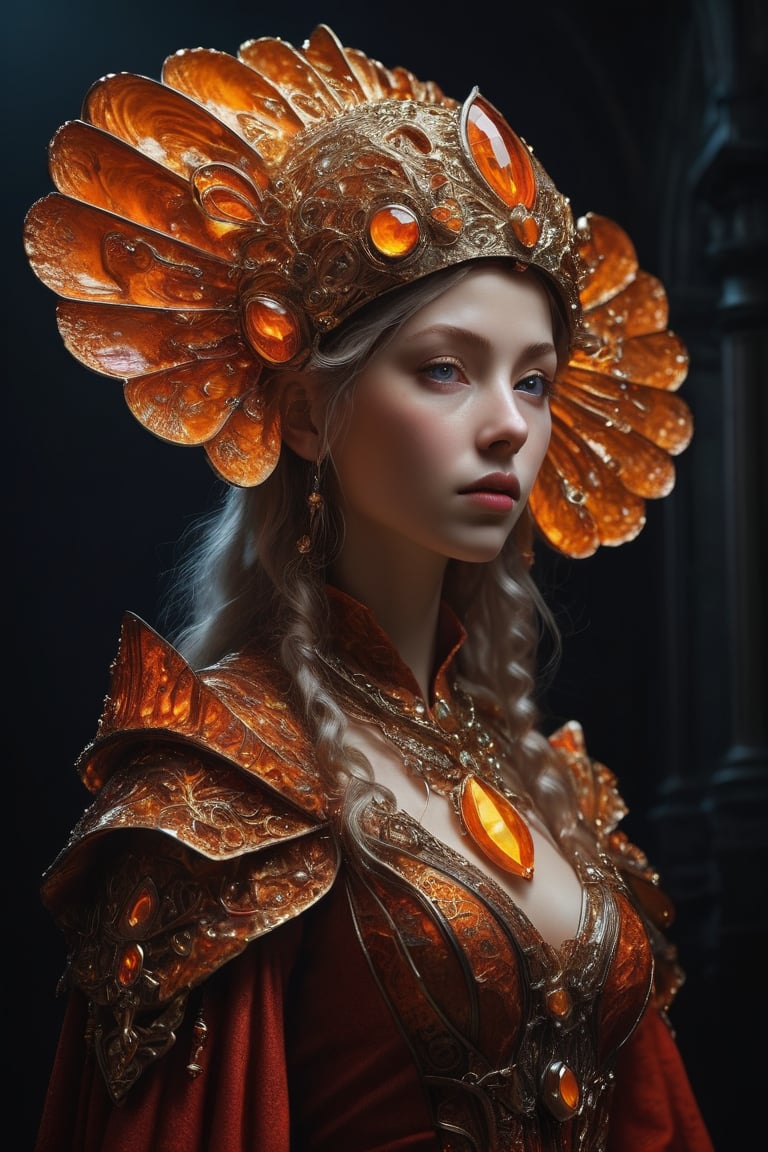 3D artwork, upper body shot represesenting a mighty female young caracter. High elven hat shaped as an orange seashell, mantle, shining gold jewels and silver chains. (Majestic pose:1.4), (hieratic expression:1.6), emerging from the darkness in the style of Rembrandt. The caracter wears a white, red and orange large luxury dress. The character is illuminated from the side by a dark golden light. Marine vibes. Vibrant colors. The background is a black gothic cathedral interior dimly lit by moonlight. UHD, high resolution, 8k.